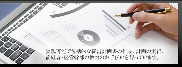 実現可能で包括的な経営計画書の作成、計画の実行、後継者・経営幹部の教育のお手伝いを行っています。